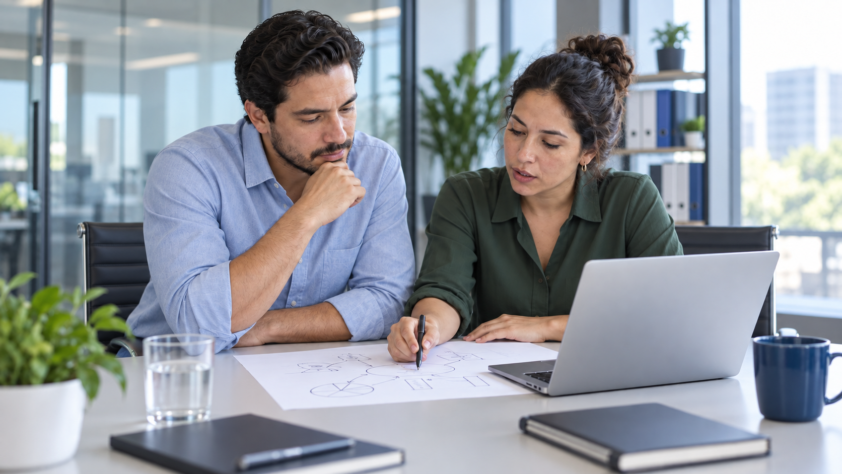 Consultor y empresaria revisando necesidades antes de invertir en tecnología